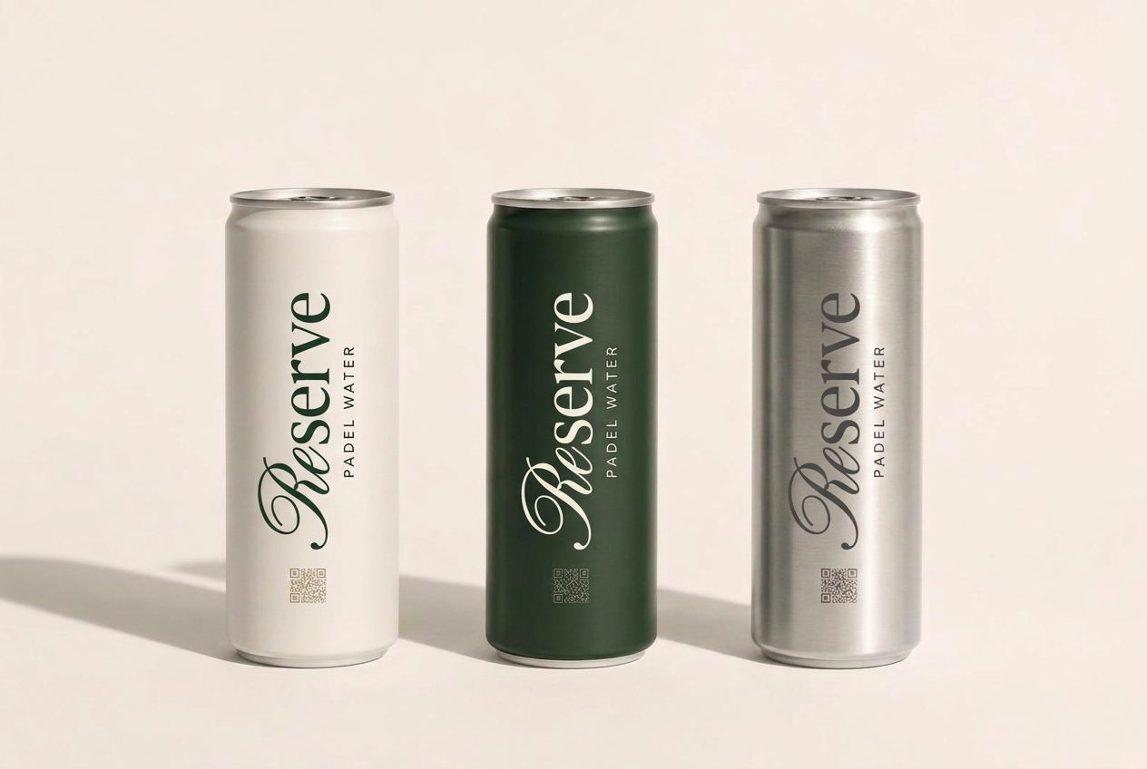 Three Reserve canned water editions in bone, court green and brushed aluminium